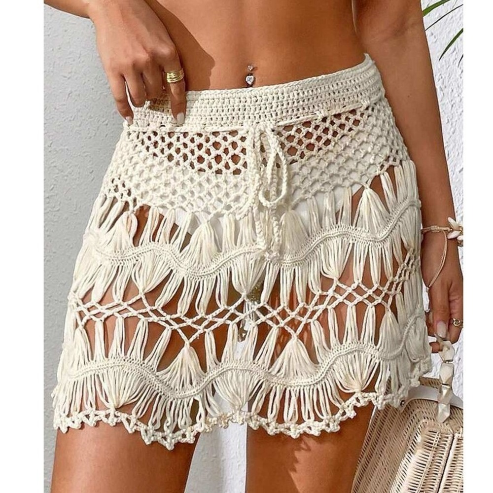 Boho Crochet Summer Beach Cover Up Mini Skirt Fringe Tassel Fairycore Festival L